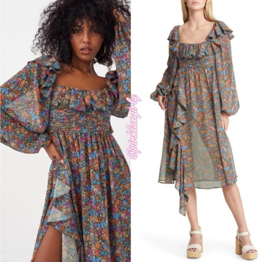 For Love and Lemons Brittany Floral Multicolor Print Midi Dress NWT Sz M Rt $278